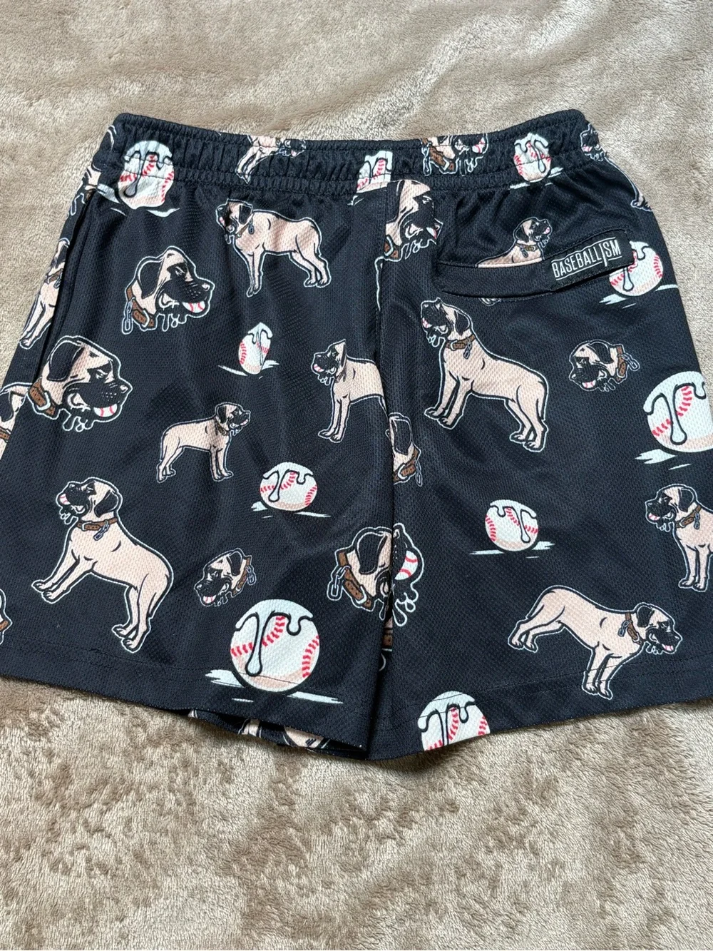 Men's Black Dog & Baseball Print Athletic Shorts